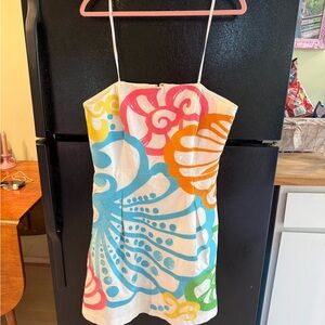 Lilly Pulitzer White Sundress with Coral Pink blue green yellow Embroidery 14